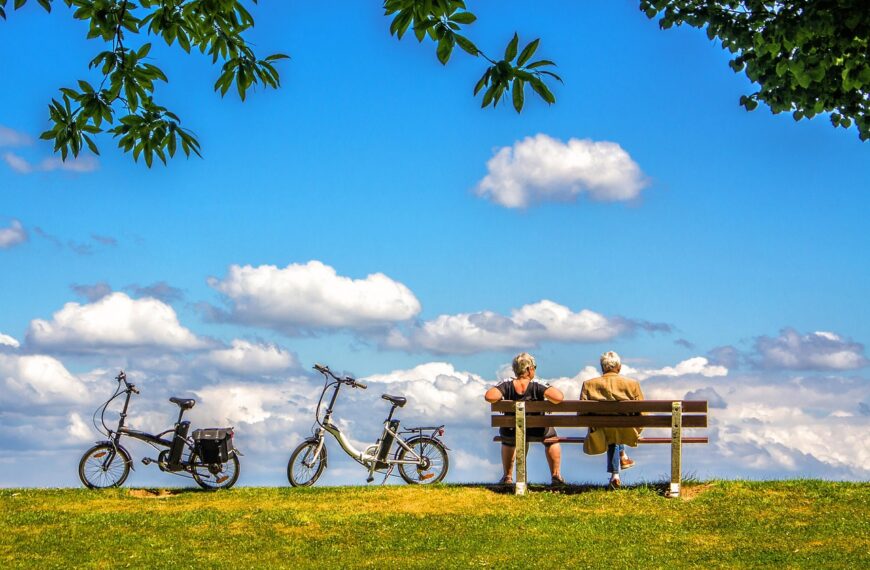 man, woman, bicycle, nature, bike, air, sky, bench, peace, people, couple