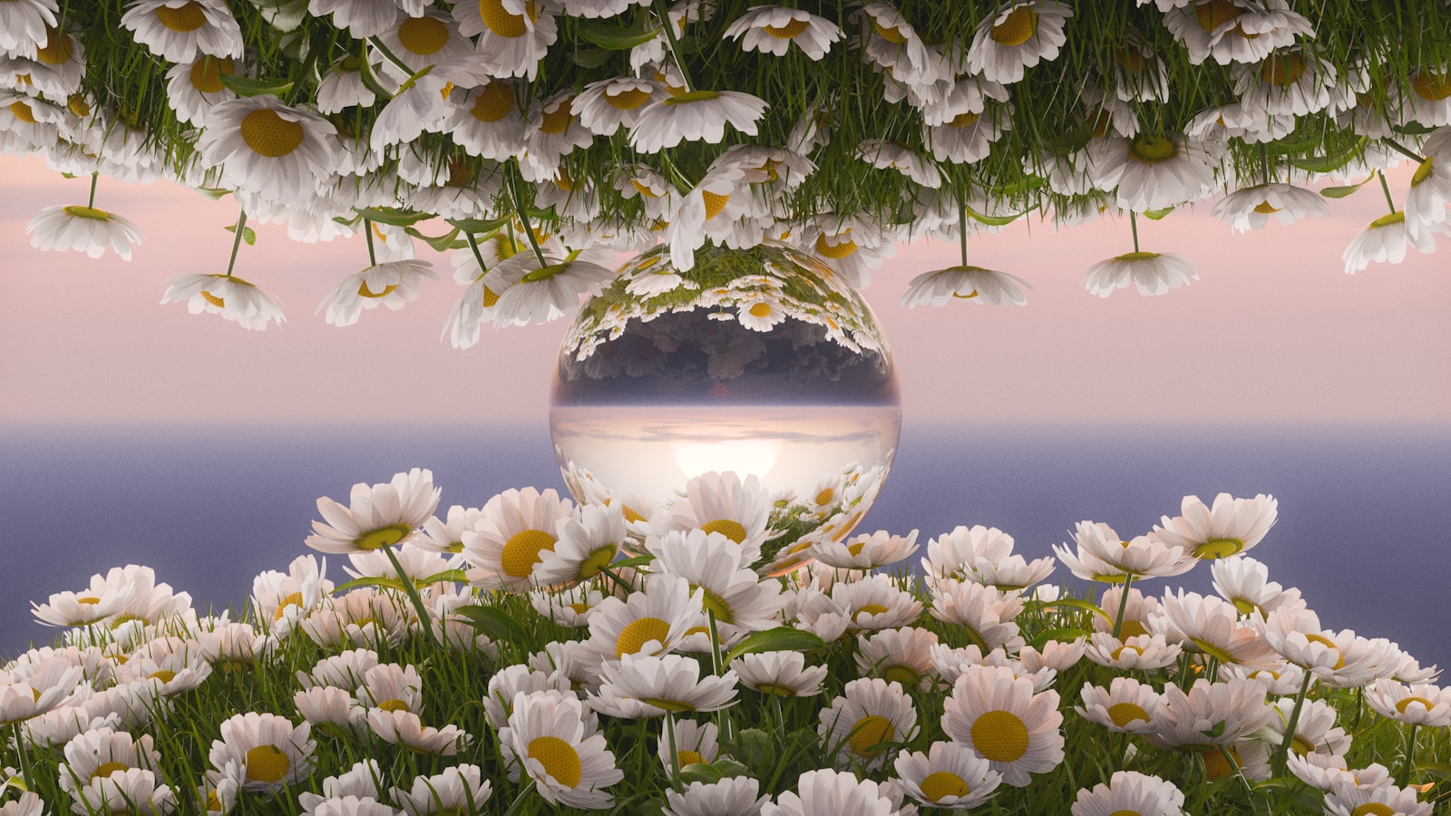 A flower vase reflects the ocean sunset.