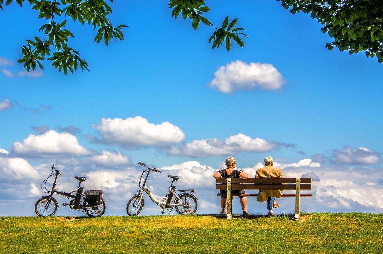 man, nature, woman, bicycle, bike, air, sky, bench, peace, people, couple