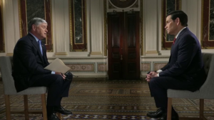 Marco Rubio durante entrevista sobre geopolítica internacional y política exterior de Estados Unidos.