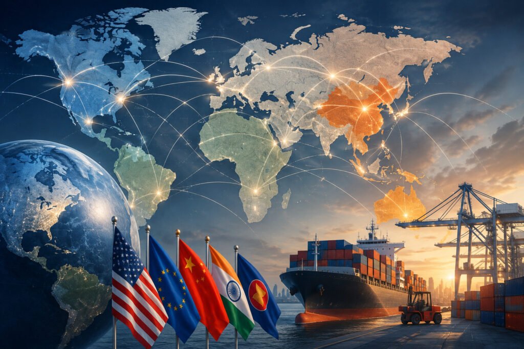 Mapa del comercio internacional con rutas comerciales y análisis geopolítico global en 2026.