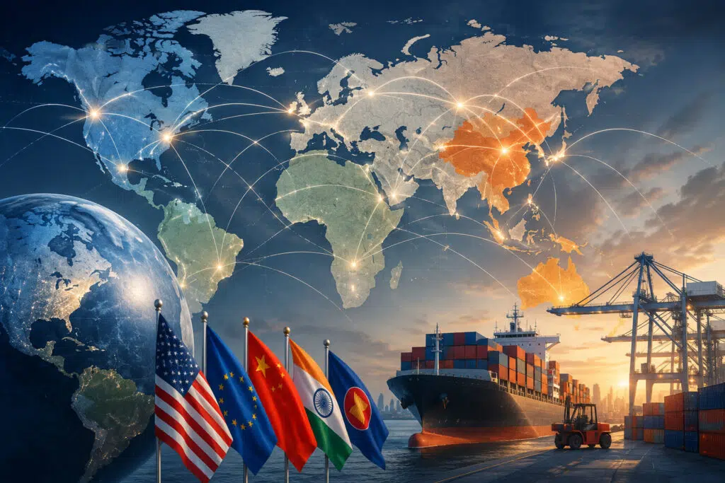 Mapa del comercio internacional con rutas comerciales y análisis geopolítico global en 2026.
