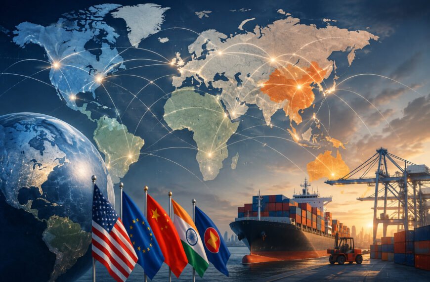 Mapa del comercio internacional con rutas comerciales y análisis geopolítico global en 2026.