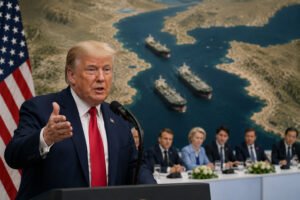 Donald Trump durante una rueda de prensa en la cumbre del G7 en Francia anunciando un acuerdo con Irán sobre el estrecho de Ormuz.