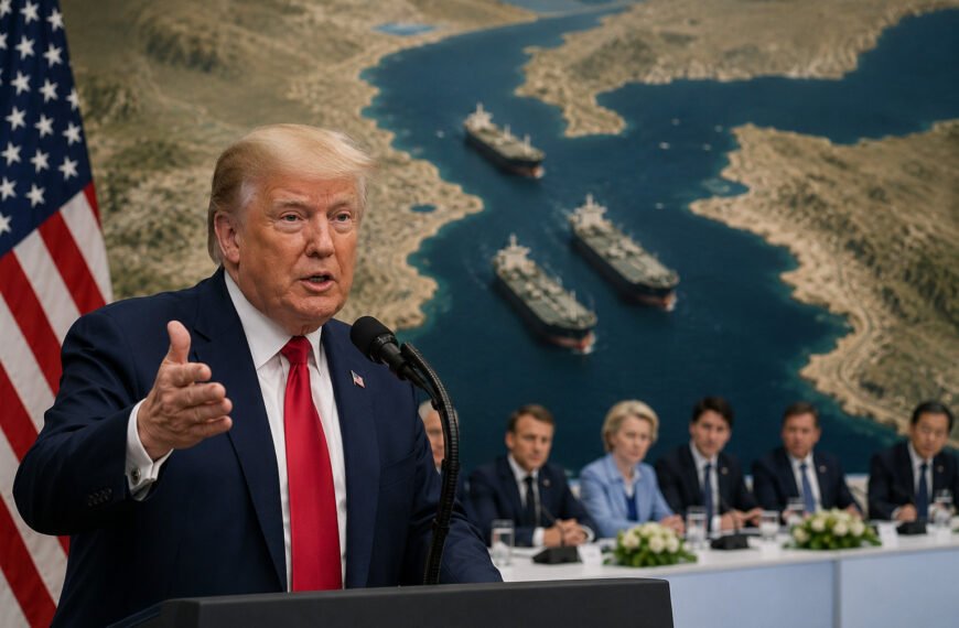 Donald Trump durante una rueda de prensa en la cumbre del G7 en Francia anunciando un acuerdo con Irán sobre el estrecho de Ormuz.