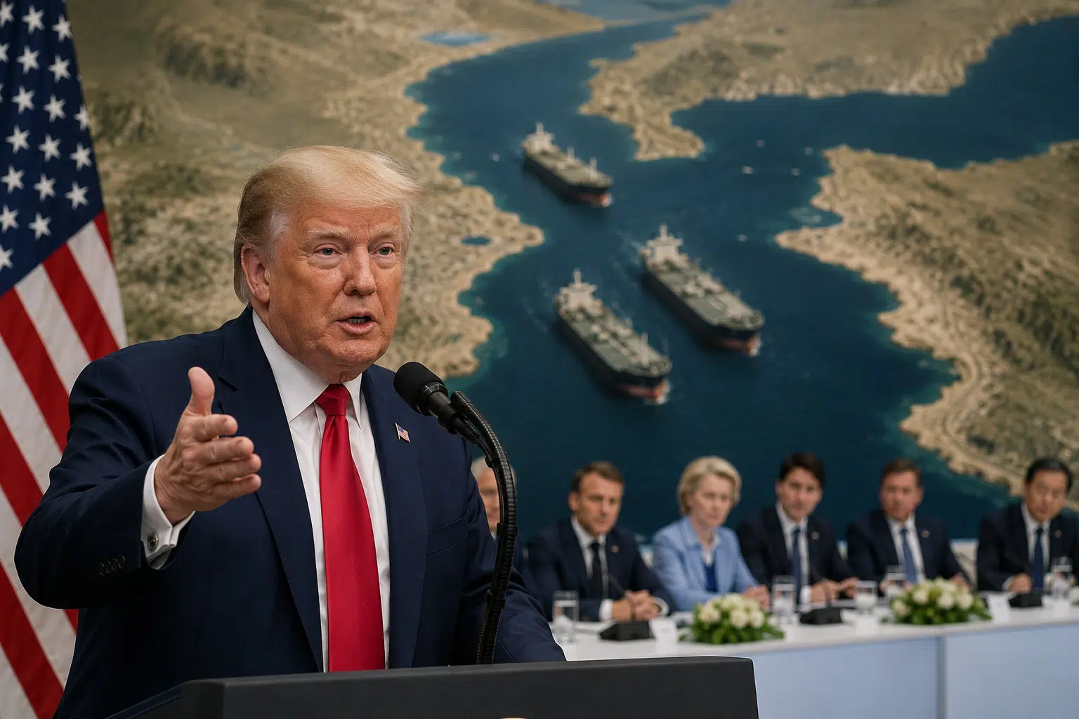 Donald Trump durante una rueda de prensa en la cumbre del G7 en Francia anunciando un acuerdo con Irán sobre el estrecho de Ormuz.