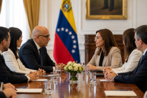 Representantes políticos venezolanos participando en una mesa de diálogo para impulsar la transición democrática y el fortalecimiento institucional en Venezuela.