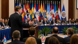 Christopher Landau durante su intervención en la 56.ª Asamblea General de la OEA en Panamá abordando temas de seguridad regional y democracia.