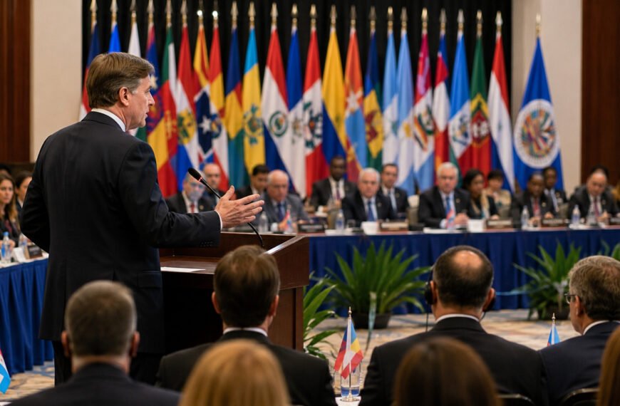 Christopher Landau durante su intervención en la 56.ª Asamblea General de la OEA en Panamá abordando temas de seguridad regional y democracia.