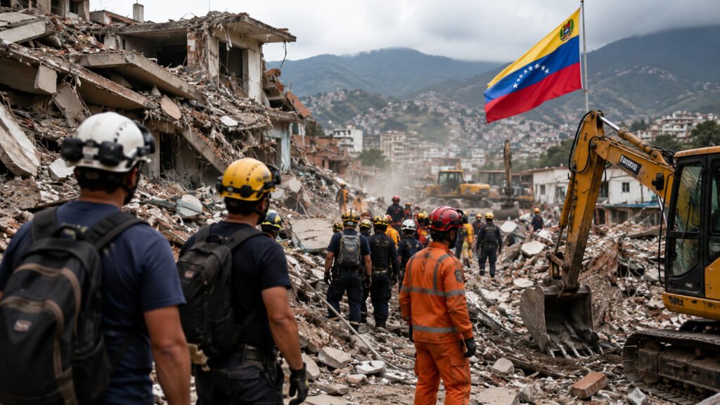 Equipos de búsqueda y rescate trabajando entre escombros tras un terremoto en Venezuela con apoyo humanitario internacional.