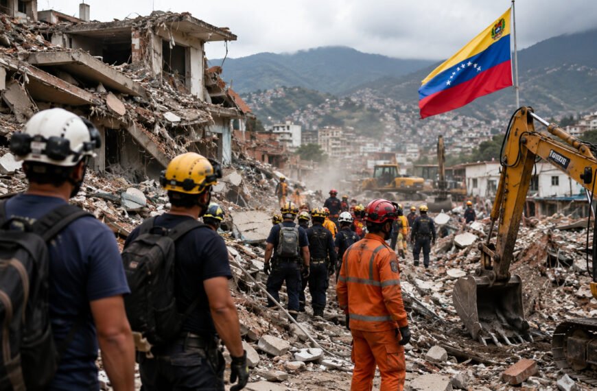 Equipos de búsqueda y rescate trabajando entre escombros tras un terremoto en Venezuela con apoyo humanitario internacional.