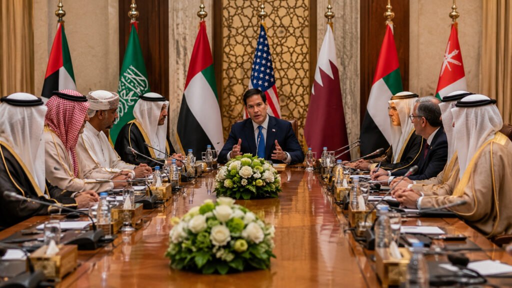 Marco Rubio durante una reunión diplomática con representantes del Consejo de Cooperación del Golfo sobre Irán y el estrecho de Ormuz.