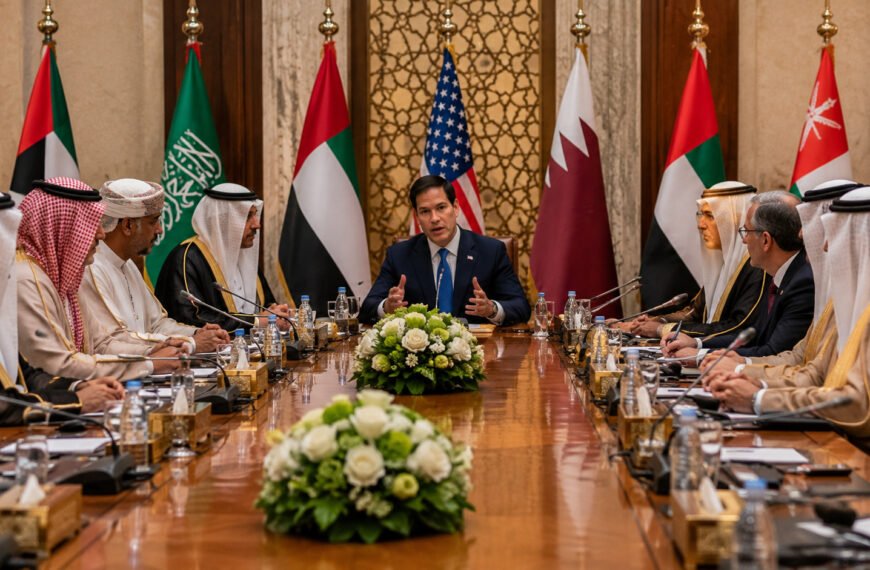 Marco Rubio durante una reunión diplomática con representantes del Consejo de Cooperación del Golfo sobre Irán y el estrecho de Ormuz.