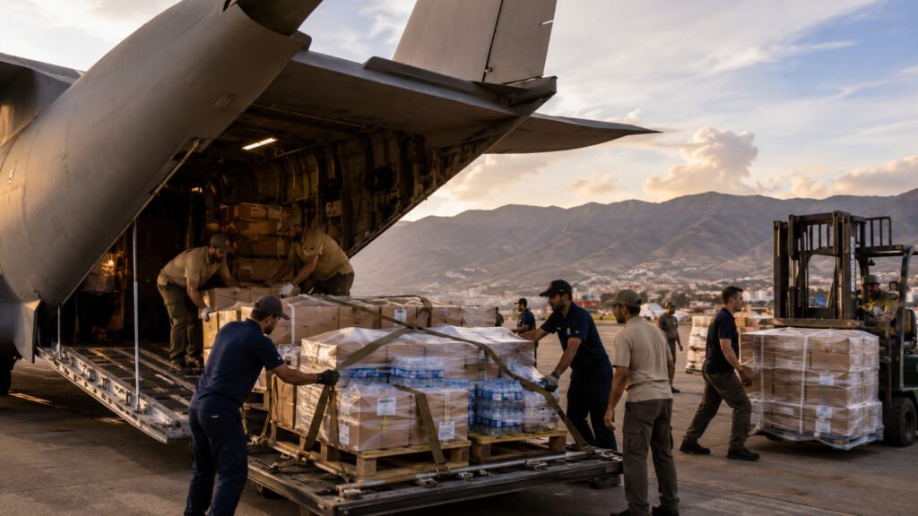 Avión humanitario descarga suministros de emergencia en Venezuela para atender a las comunidades afectadas por los terremotos.
