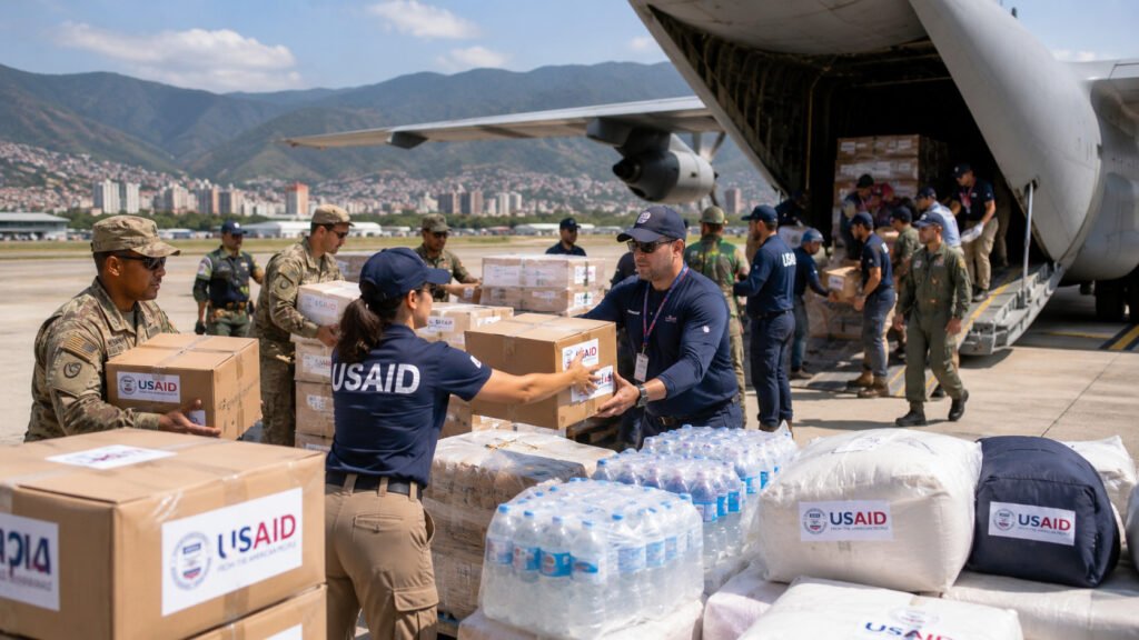 Equipos humanitarios y personal logístico coordinan la distribución de ayuda internacional en Venezuela tras los terremotos de junio.