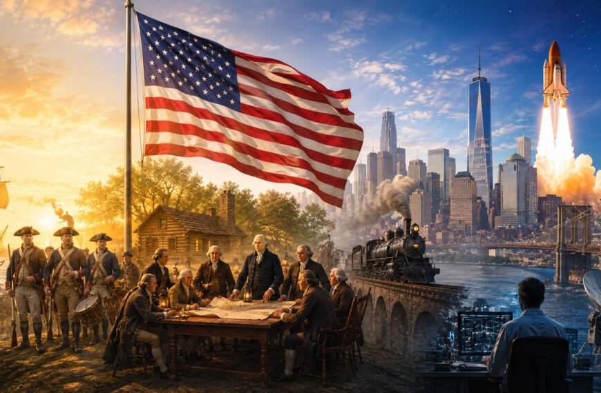 Bandera de Estados Unidos junto a símbolos históricos y modernos que representan sus 250 años de independencia, innovación y desarrollo.