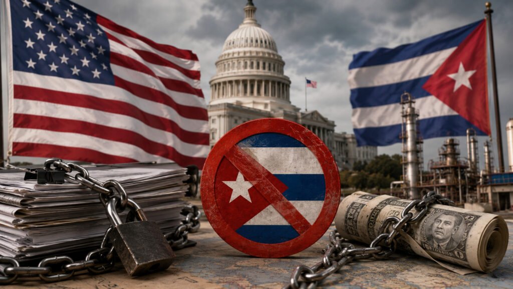 Banderas de Estados Unidos y Cuba representando las nuevas sanciones impuestas por Washington contra entidades vinculadas al régimen cubano.