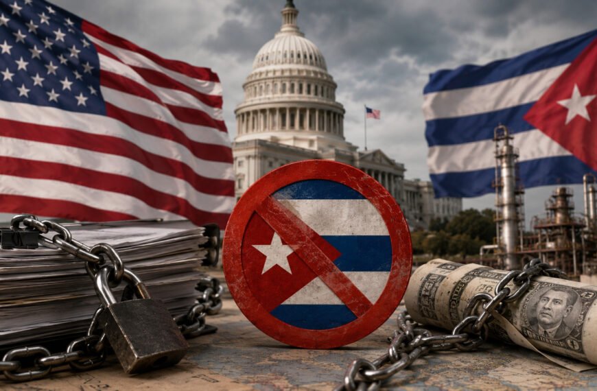 Banderas de Estados Unidos y Cuba representando las nuevas sanciones impuestas por Washington contra entidades vinculadas al régimen cubano.