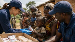 Trabajadores humanitarios distribuyen alimentos terapéuticos y asistencia nutricional a niños afectados por la desnutrición en una comunidad vulnerable.
