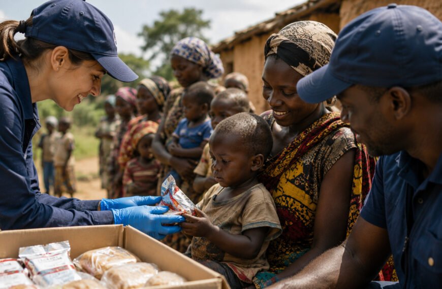 Trabajadores humanitarios distribuyen alimentos terapéuticos y asistencia nutricional a niños afectados por la desnutrición en una comunidad vulnerable.