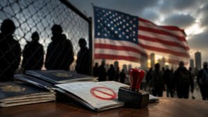 Pasaportes y documentos migratorios frente a la bandera de Estados Unidos como representación de nuevas restricciones de visado por motivos de seguridad nacional.