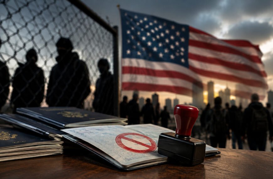 Pasaportes y documentos migratorios frente a la bandera de Estados Unidos como representación de nuevas restricciones de visado por motivos de seguridad nacional.