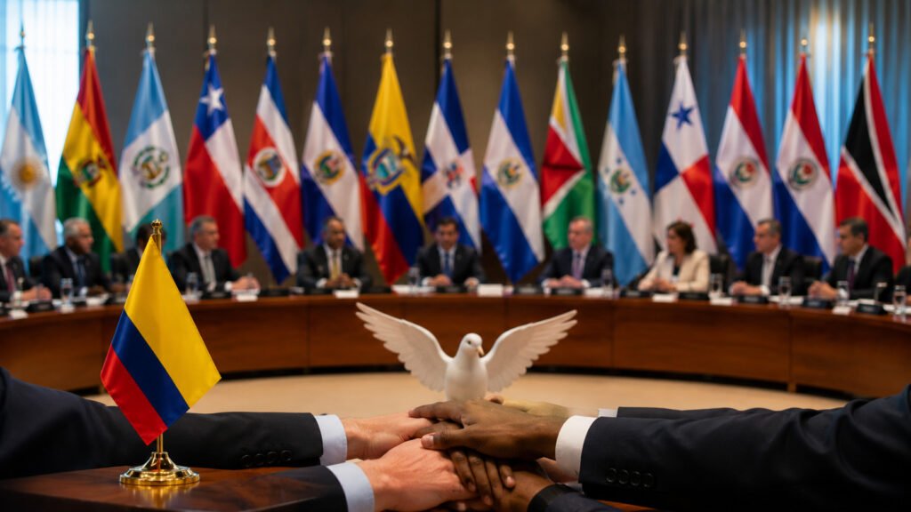 Representantes de países americanos reunidos respaldando la democracia y la transición institucional en Colombia.
