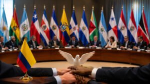 Representantes de países americanos reunidos respaldando la democracia y la transición institucional en Colombia.