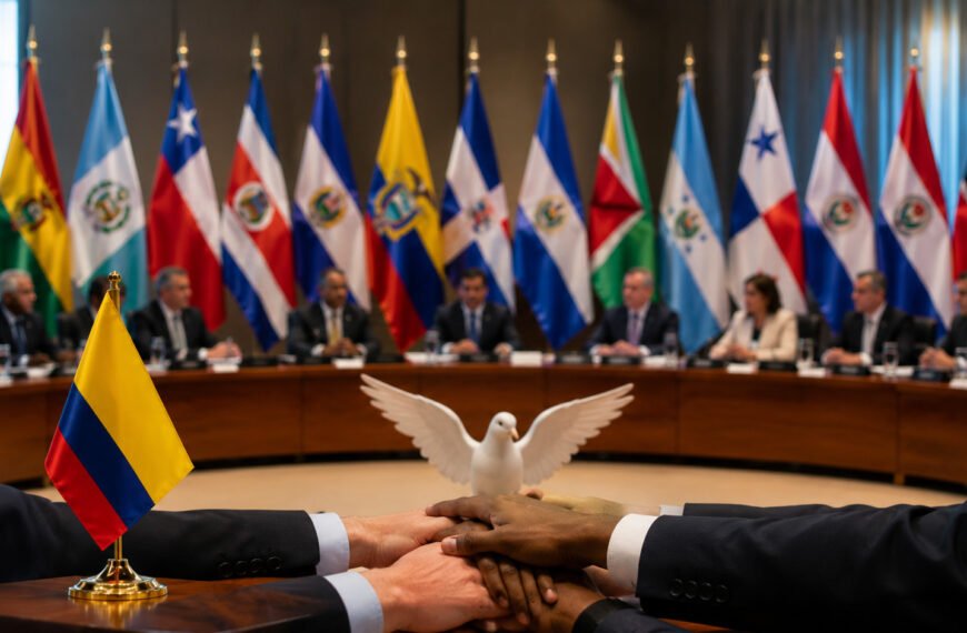 Representantes de países americanos reunidos respaldando la democracia y la transición institucional en Colombia.
