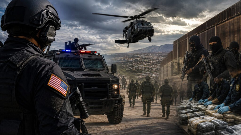 Operativo de seguridad en la frontera entre Estados Unidos y México tras la designación del cartel de Juárez y Los Viagras como organizaciones terroristas.