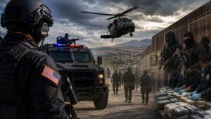 Operativo de seguridad en la frontera entre Estados Unidos y México tras la designación del cartel de Juárez y Los Viagras como organizaciones terroristas.