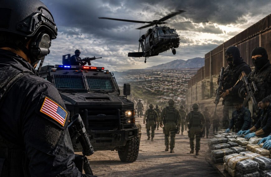Operativo de seguridad en la frontera entre Estados Unidos y México tras la designación del cartel de Juárez y Los Viagras como organizaciones terroristas.