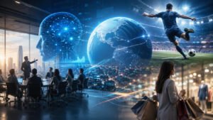 Ejecutivos analizan datos de inteligencia artificial y tendencias de consumo durante una reunión empresarial