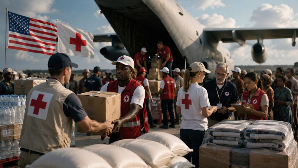 Personal de la Cruz Roja distribuye ayuda humanitaria financiada por Estados Unidos durante una emergencia internacional.