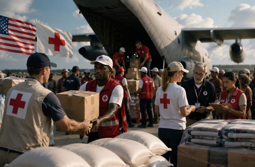 Personal de la Cruz Roja distribuye ayuda humanitaria financiada por Estados Unidos durante una emergencia internacional.