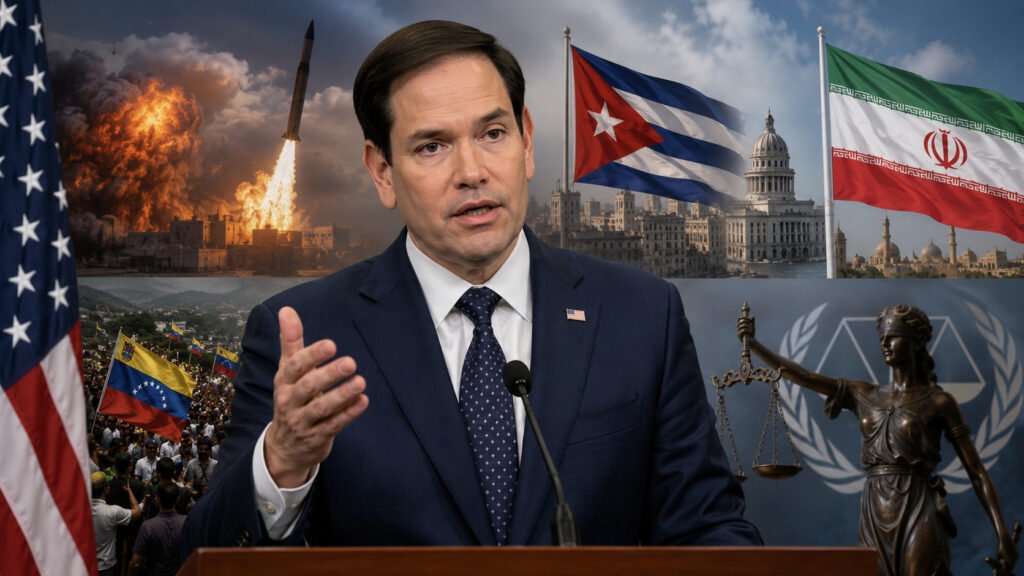 Marco Rubio durante una rueda de prensa sobre Irán, Venezuela, Cuba y la Corte Penal Internacional.