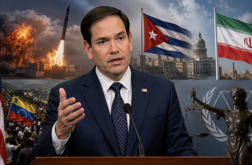 Marco Rubio durante una rueda de prensa sobre Irán, Venezuela, Cuba y la Corte Penal Internacional.