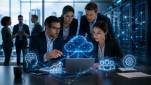 Ejecutivos analizan soluciones de inteligencia artificial de McKinsey y Google Cloud para transformar empresas.