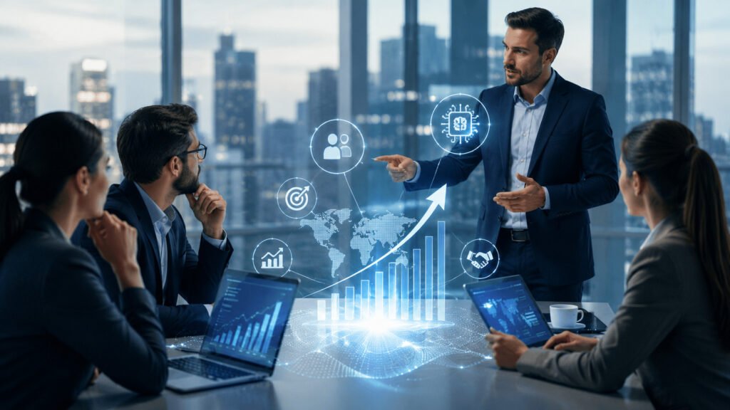 Profesionales analizan estrategias de ventas B2B apoyadas por inteligencia artificial para optimizar procesos comerciales y acelerar el crecimiento empresarial.