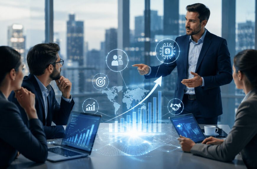 Profesionales analizan estrategias de ventas B2B apoyadas por inteligencia artificial para optimizar procesos comerciales y acelerar el crecimiento empresarial.
