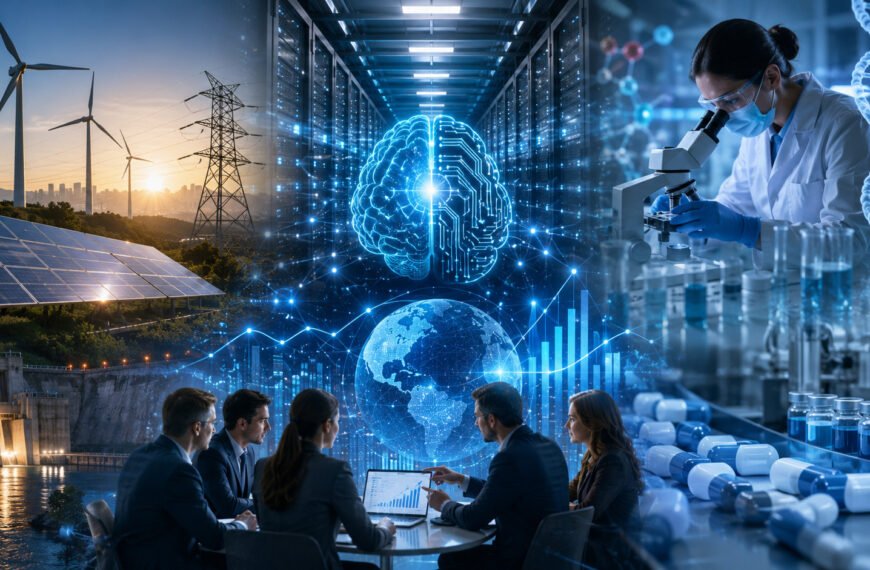 Representación de inteligencia artificial, centros de datos, infraestructura energética y desarrollo biofarmacéutico como pilares de la nueva competitividad empresarial global.
