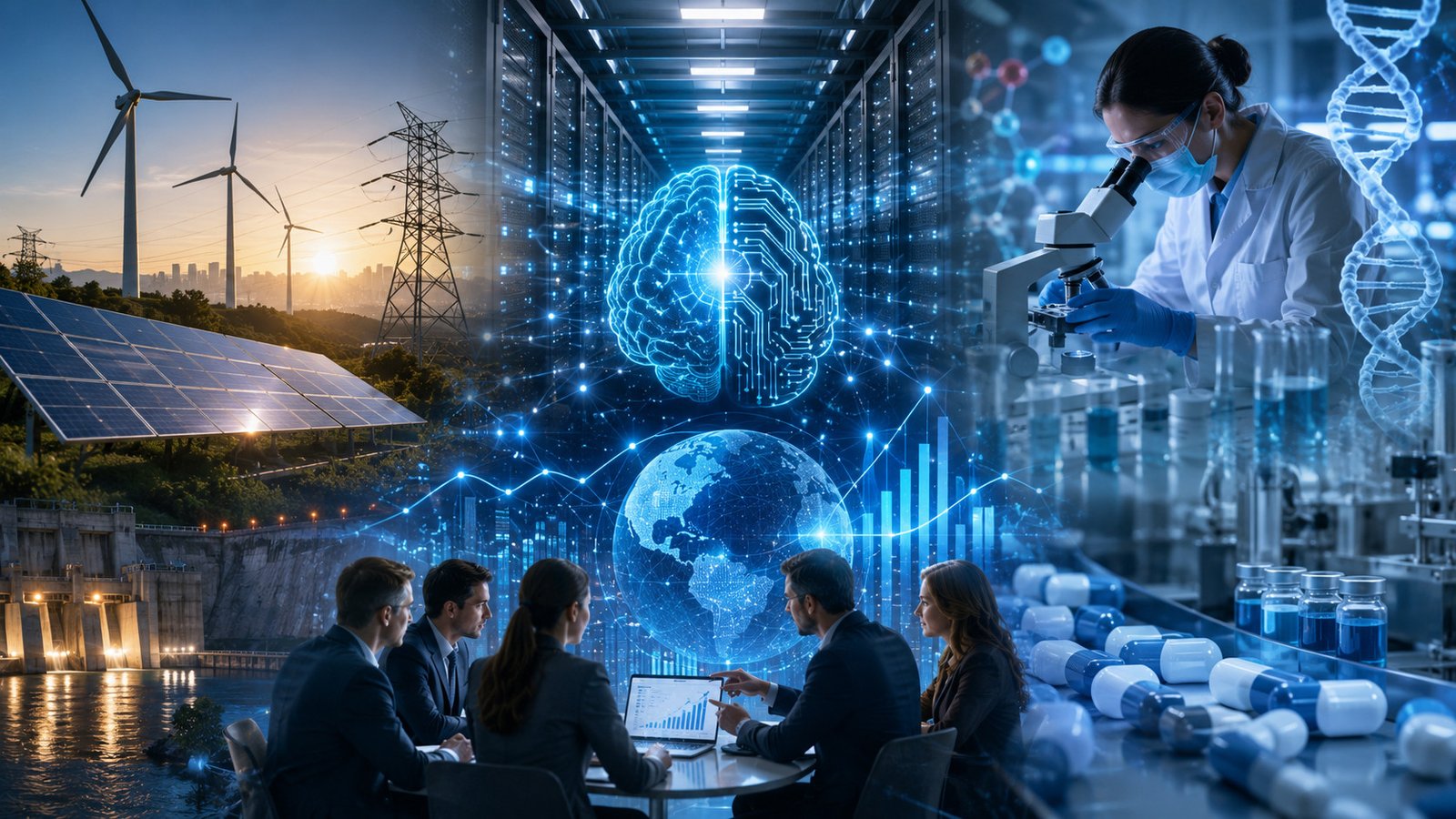 Representación de inteligencia artificial, centros de datos, infraestructura energética y desarrollo biofarmacéutico como pilares de la nueva competitividad empresarial global.