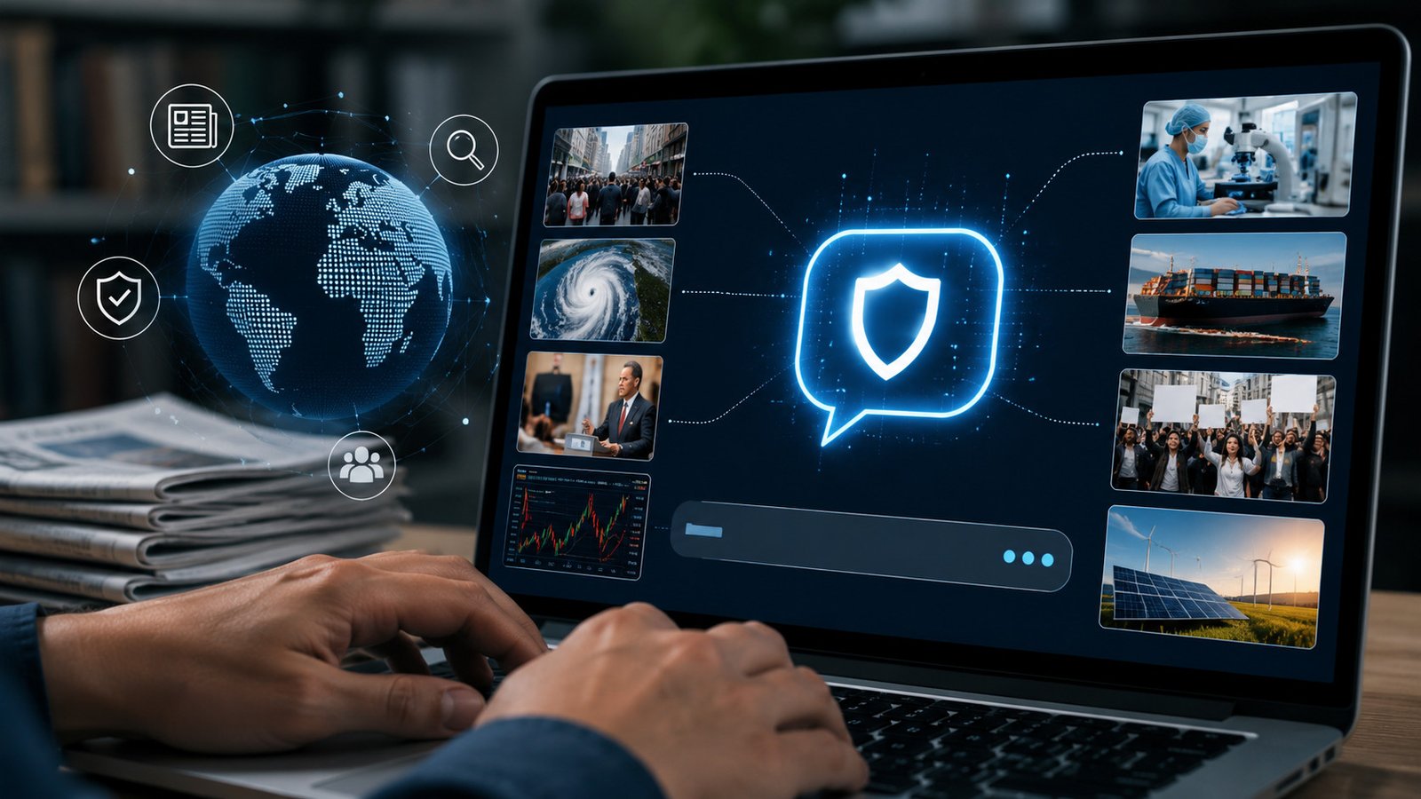 Interfaz de un chatbot de inteligencia artificial mostrando noticias verificadas provenientes de múltiples medios de comunicación confiables.