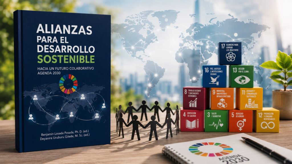 Portada conceptual del libro Alianzas para el Desarrollo Sostenible con elementos que representan cooperación internacional, innovación, sostenibilidad y los Objetivos de Desarrollo Sostenible.