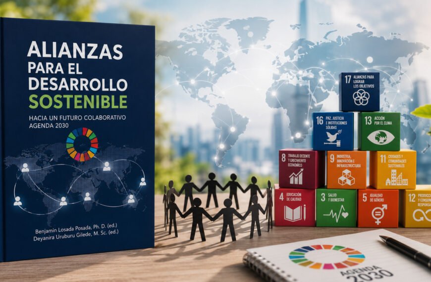 Portada conceptual del libro Alianzas para el Desarrollo Sostenible con elementos que representan cooperación internacional, innovación, sostenibilidad y los Objetivos de Desarrollo Sostenible.