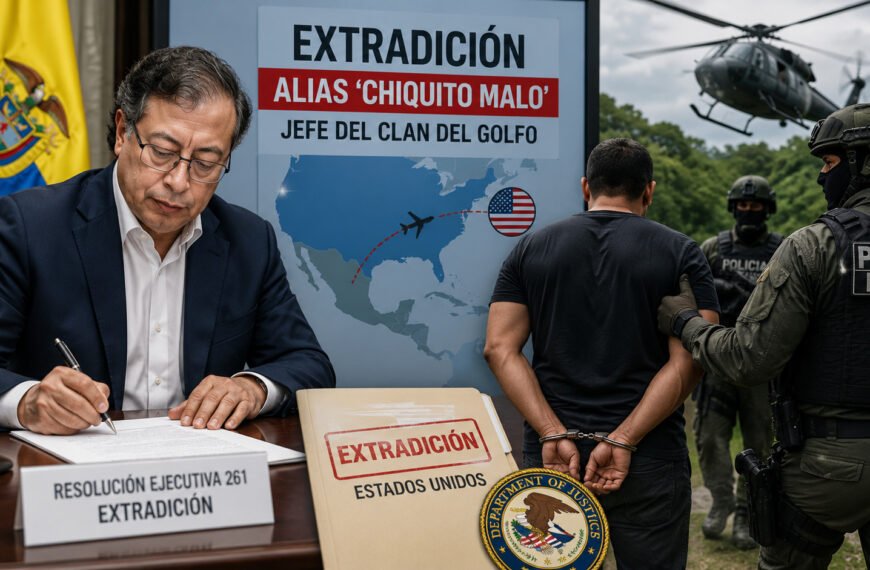 Operativo de fuerzas de seguridad en Colombia relacionado con la extradición del jefe del Clan del Golfo hacia Estados Unidos por cargos de narcotráfico.