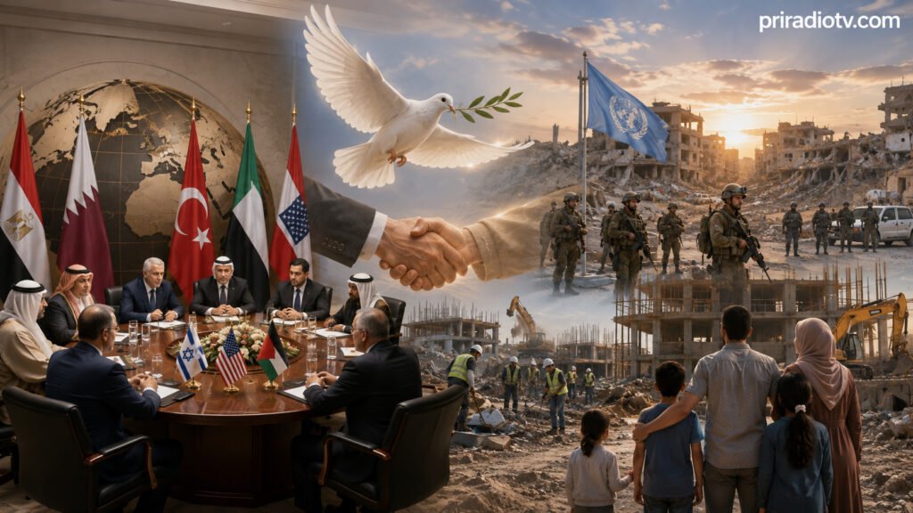 Representación de una reunión diplomática sobre el acuerdo de desarme en Gaza con símbolos de paz, fuerzas internacionales y el proceso de transición hacia una nueva administración palestina.