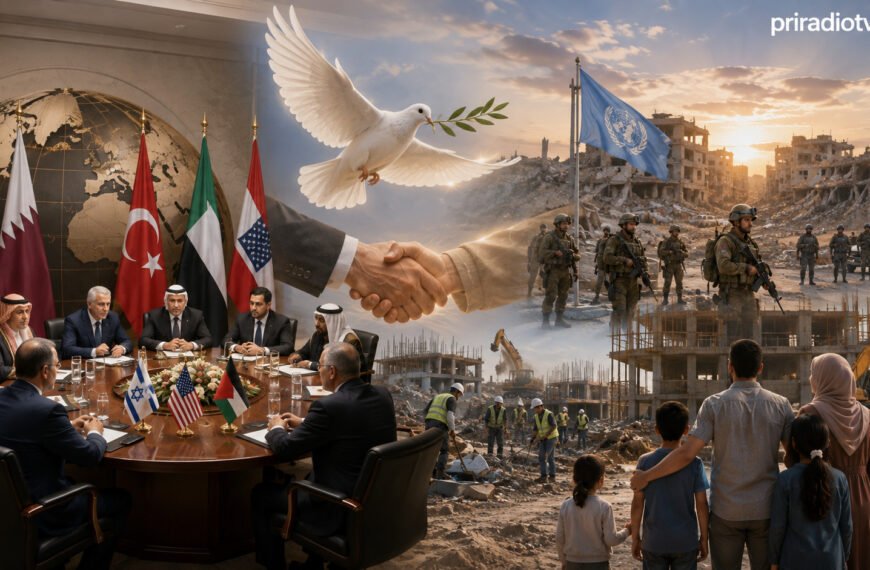 Representación de una reunión diplomática sobre el acuerdo de desarme en Gaza con símbolos de paz, fuerzas internacionales y el proceso de transición hacia una nueva administración palestina.