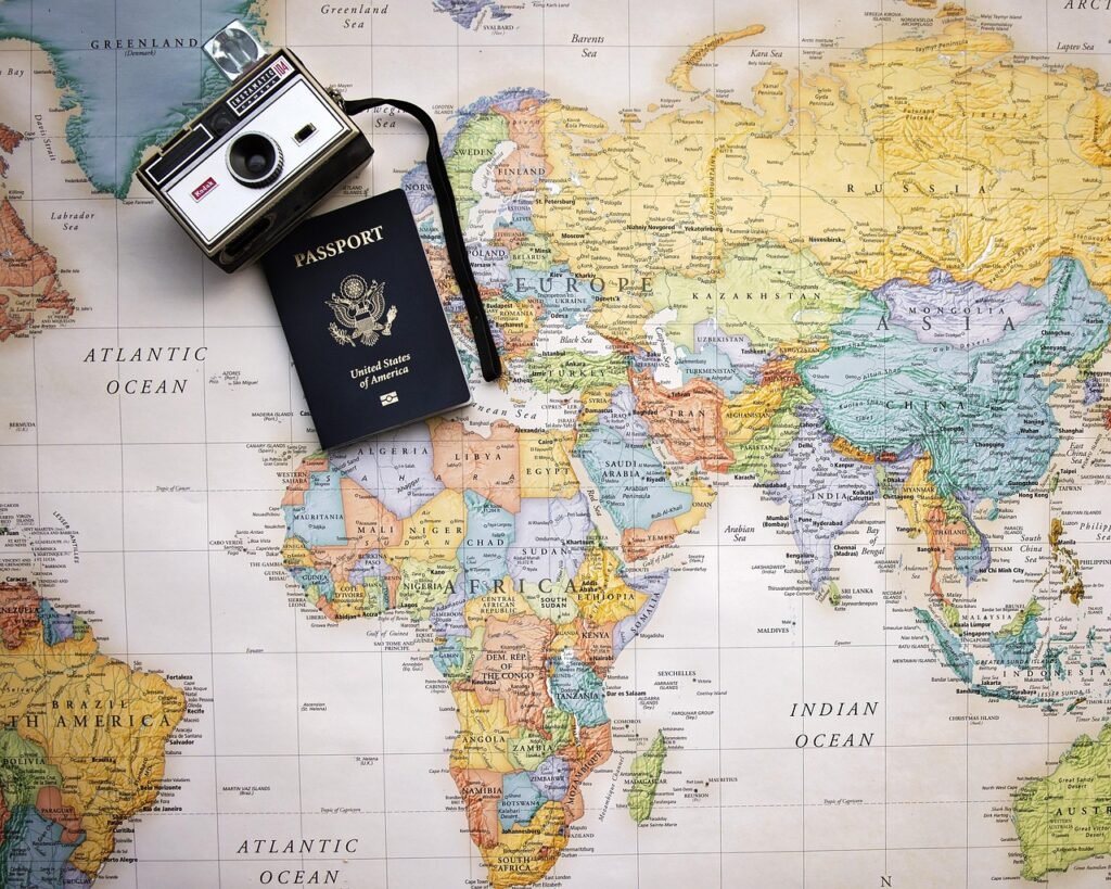 passport, map, world, trip, tourism, vacation, travel, planning, world map, camera