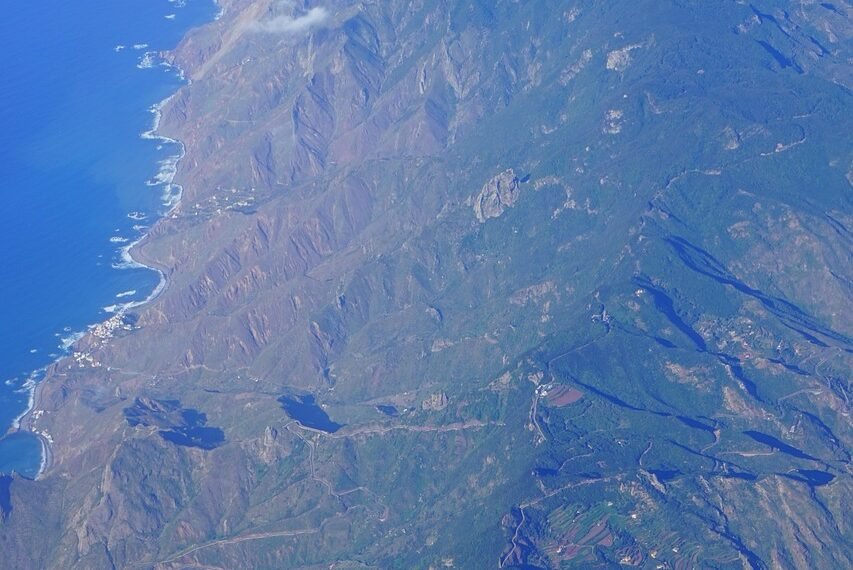 tenerife, aerial view, anaga mountains, island, canary islands, flying, coast, mountains, nature, roques de anaga, roque de tierra, roque de dentro, roque de fuera, northeast coast